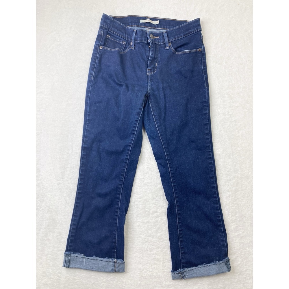 Levis Jeans Womens 28 Dark Wash Blue Curvy Bootcut Cropped Frayed Folded Hem